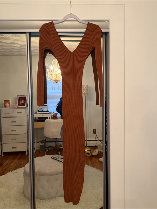 naked wardrobe Dresses & Skirts - naked wardrobe Copper Ribbed V-Neck Long Sleeve Midi Dress